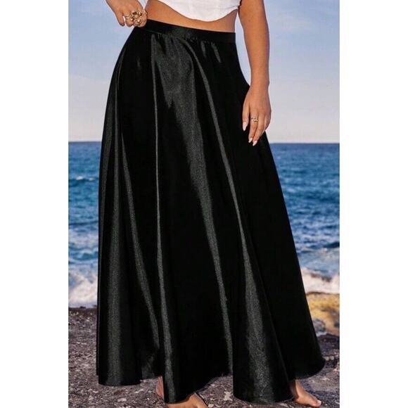 Shien Curve Long Black Silky Skirt Sz 3XL Flowy Side Seam Zipper Plus Size - Picture 9 of 10